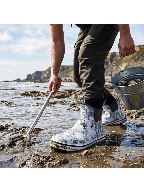 Men\'s Grey Camo Ankle Deck Waterproof Rubber Neoprene Fishing Non-Slip Rain Boot main image 5